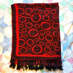 Pashmina Silk Blend Scarf Wrap Geometric Desigh Black & Red Circles